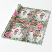 PAPIER CADEAU ANGE ROMANTIQUE RASSEMBLANT ROSES ET FLEURS ROSES  (Déroulé)