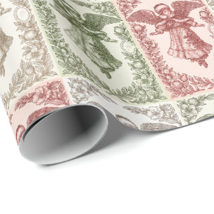 Papier Cadeau ange victorien floral rouge vert blanc vintage