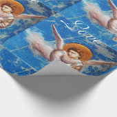 PAPIER CADEAU ANGE VOLANT DANS NOËL BLEU JOY PAIX LOVE (Coin)