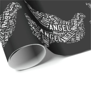 Papier Cadeau Angel Love Dove, Blanc sur Noir