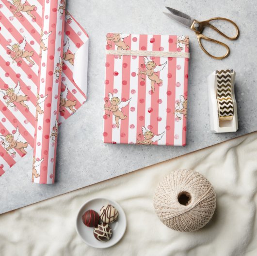 Papier Cadeau Anges cupidons rayures roses vilains (Artisanat)