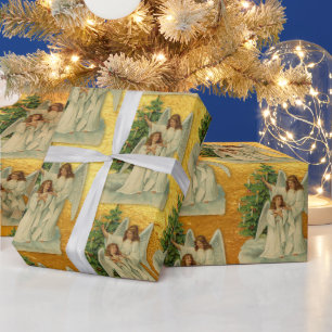 Papier Cadeau Anges de Noël Antique Victorien Or Luxe