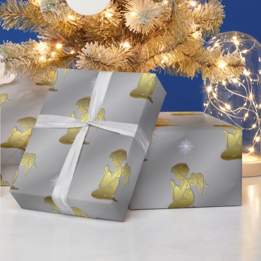 Papier Cadeau Anges de Noël En Or Sur Argent
