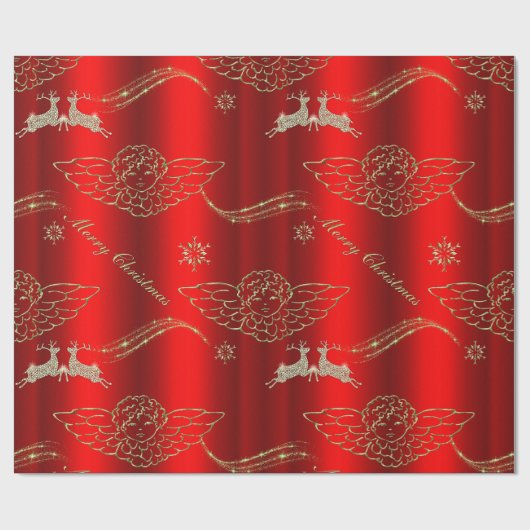 Papier Cadeau Anges d'or et Noël rouge cerf mousseux (Plat)