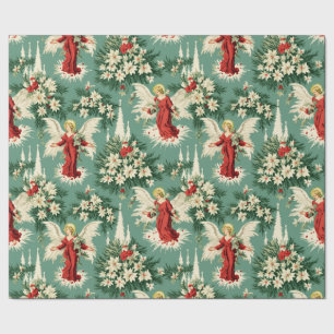 Papier Cadeau Anges et fleurs de Noël rétro