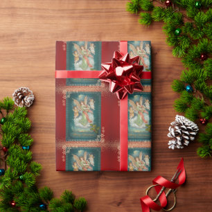 Papier Cadeau Anges Vintage Flocons Rouge