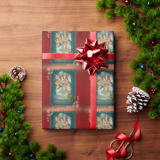 Papier Cadeau Anges Vintage Flocons Rouge (Cadeau de vacances)