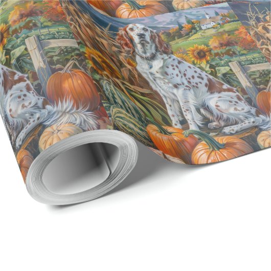 Papier Cadeau Anglais Setter Chien Automne Moisson Thanksgiving (Coin rond)