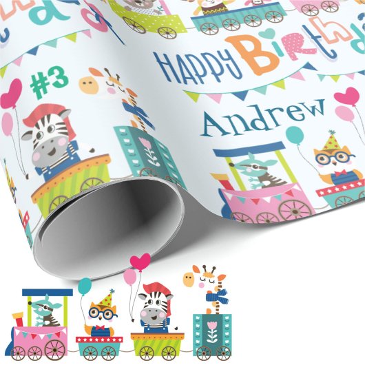 Papier Cadeau Animal Train Personnaliser le nom Anniversaire de