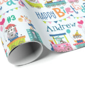 Papier Cadeau Animal Train Personnaliser le nom Anniversaire de (Coin rond)