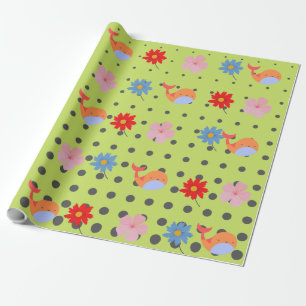 Papier Cadeau Animaux adorables et fleurs vert fête