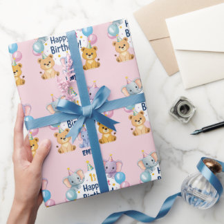 Papier Cadeau Animaux adorables Joyeux 1er Anniversaire Plaque P