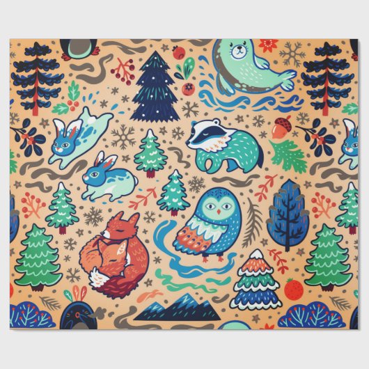 Papier Cadeau ANIMAUX DANS LA FORÊT NOËL Papier à envelopper (Plat)