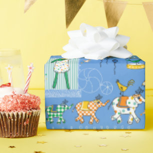 Papier Cadeau Animaux de cirque sur papier d'enveloppement bleu