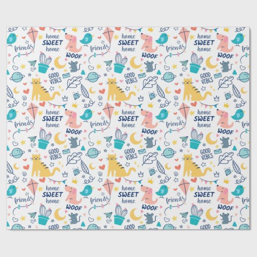 Papier Cadeau Animaux de Doodles mignons (Plat)