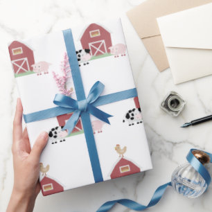 Papier Cadeau Animaux de ferme et Motif de grange blanc