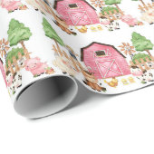 Papier Cadeau Animaux de ferme roses fête d'anniversaire (Coin rond)