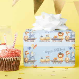 Papier Cadeau Animaux de fête en train Kid Jungle Joyeux anniver