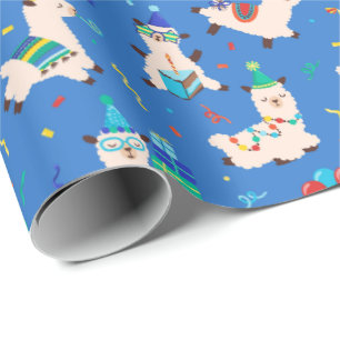 Papier Cadeau Animaux de fête Lama Anniversaire Bleu