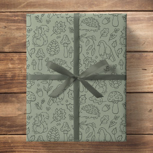 Papier Cadeau Animaux de la forêt de couleur vert sauge pour enf