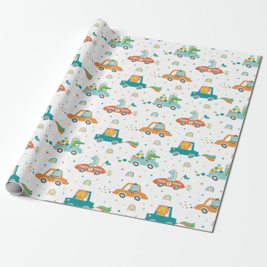 Papier Cadeau Animaux de la Jungle mignons en voitures avec arc- (Déroulé)
