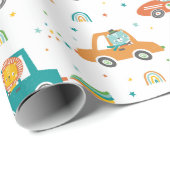 Papier Cadeau Animaux de la Jungle mignons en voitures avec arc- (Coin rond)