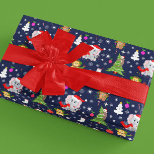 Papier Cadeau Animaux de zoo de Noël en bleu marine