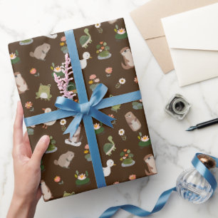 Papier Cadeau Animaux d'étang et nénuphars sur fond brun foncé