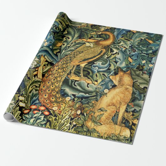 Papier Cadeau ANIMAUX FORESTIERS, RAVEN, FOX, PEACOCK Blue Green (Déroulé)