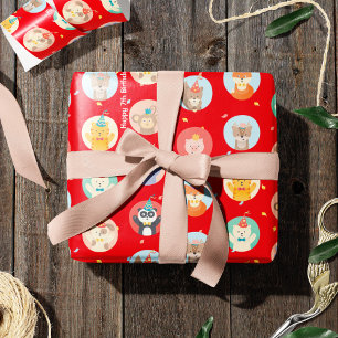 Papier Cadeau Animaux mignons en Casquette de fête Enfants Rouge