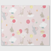 Papier Cadeau Animaux roses Nuages Ballons Bébé (Plat)
