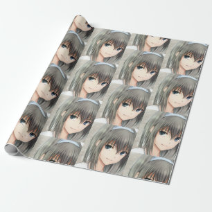 Papier Cadeau Anime cheveux foncé fille yeux gris