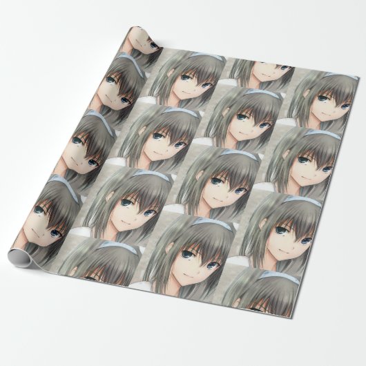 Papier Cadeau Anime cheveux foncé fille yeux gris (Déroulé)