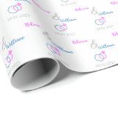 Papier Cadeau Anneaux de mariage Rose Bleu Mariée Marié Argent & (Coin rond)