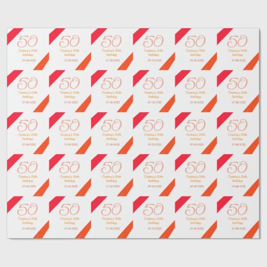 Papier Cadeau anniversaire 50 ans orange rouge ajouter nom date (Plat)