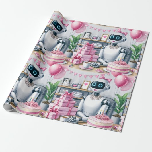 Papier Cadeau Anniversaire Ai Robot Pink Sparkon Balloons (Déroulé)