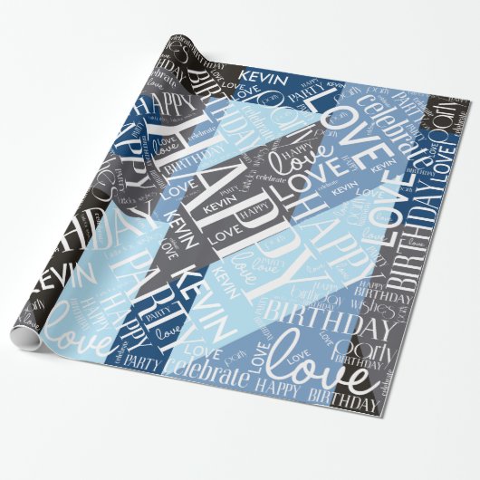 Papier Cadeau Anniversaire Ajouter longueur moyenne Nom bleu ID2 (Déroulé)