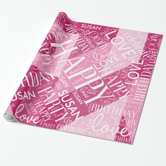 Papier Cadeau Anniversaire Ajouter longueur moyenne Nom rose ID2 (Déroulé)