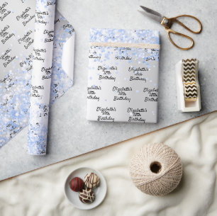 Papier Cadeau Anniversaire argent bleu clair confetti nom étince