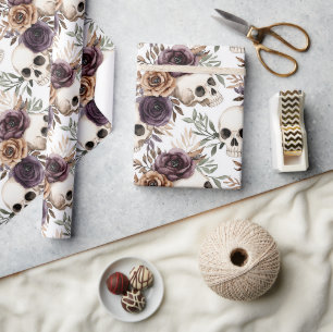 Papier Cadeau Anniversaire Crânes Floraux Marron Violet