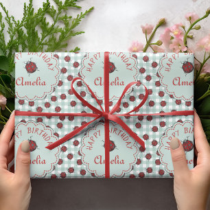 Papier Cadeau Anniversaire de enfant couleur rouge et bleu Ladyb