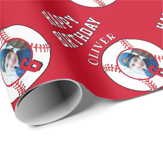 Papier Cadeau Anniversaire de enfant du ballon rouge de baseball (Coin rond)