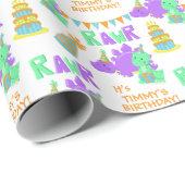 Papier Cadeau Anniversaire de enfant du parti Dinosaure vert vio (Coin rond)