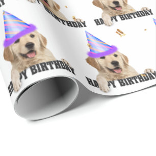 Papier Cadeau Anniversaire de Golden Retriever avec confetti