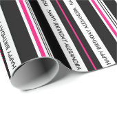 Papier Cadeau Anniversaire de la fille Noir et Rose chaud (Coin rond)