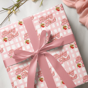 Papier Cadeau Anniversaire de la fraise à rayures roses et blanc