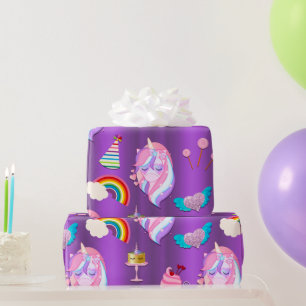 Papier Cadeau Anniversaire de l'Unicorne sur le violet