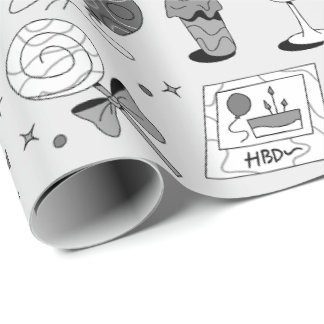 Papier Cadeau Anniversaire Dessiné à la Main Noir et Blanc
