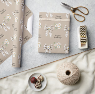 Papier Cadeau Anniversaire Fleur de Marguerite au Ruban Blanc Cr