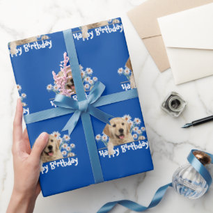 Papier Cadeau Anniversaire Golden Retriever on Blue